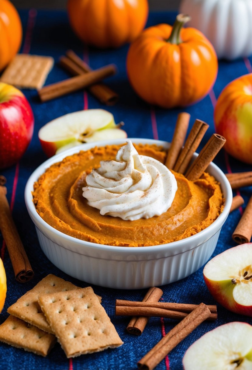 A bowl of creamy pumpkin pie dip surrounded by cinnamon sticks, graham crackers, and apple slices on a festive party table