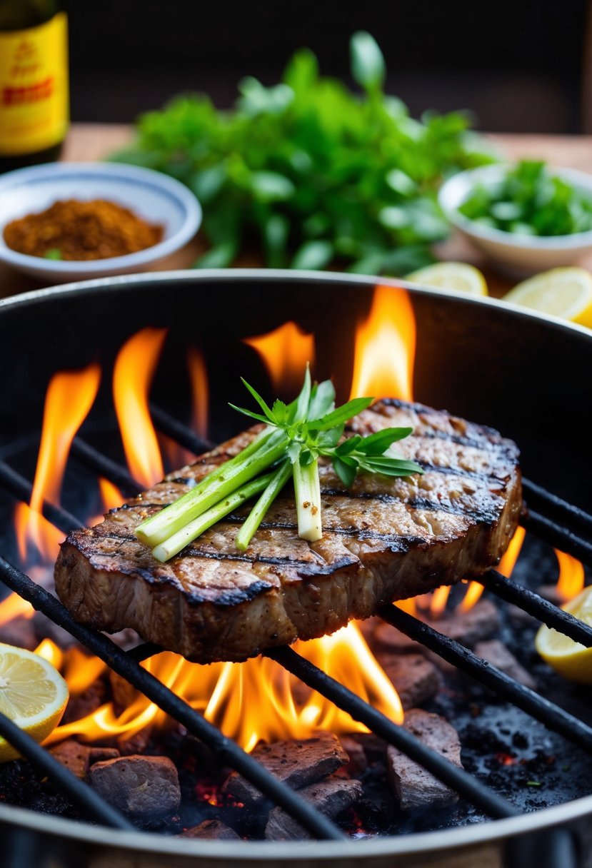 A sizzling Vietnamese lemongrass skirt steak being grilled over open flames with aromatic herbs and spices scattered around