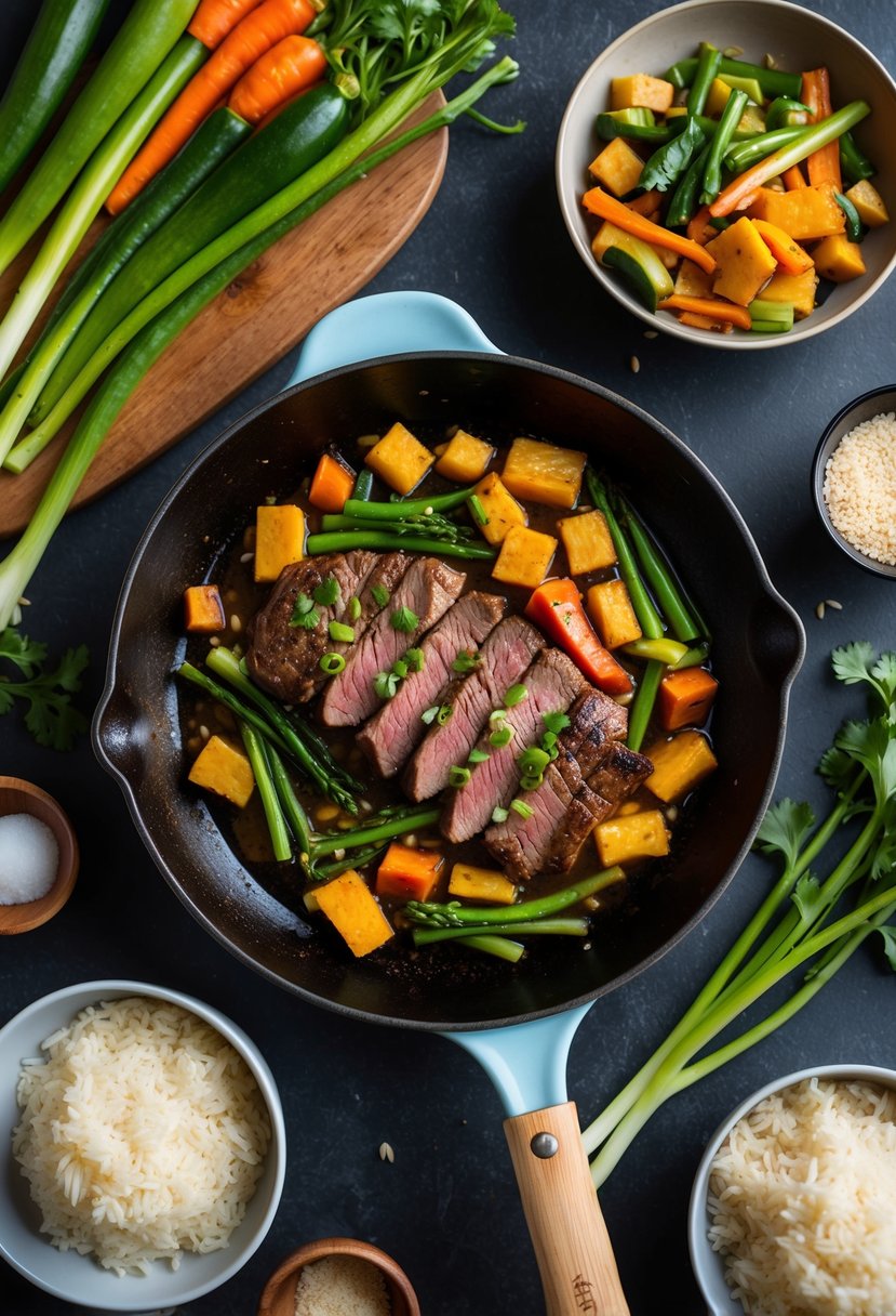 A sizzling skillet of ginger soy skirt steak stir-fry surrounded by colorful Asian vegetables and steaming rice