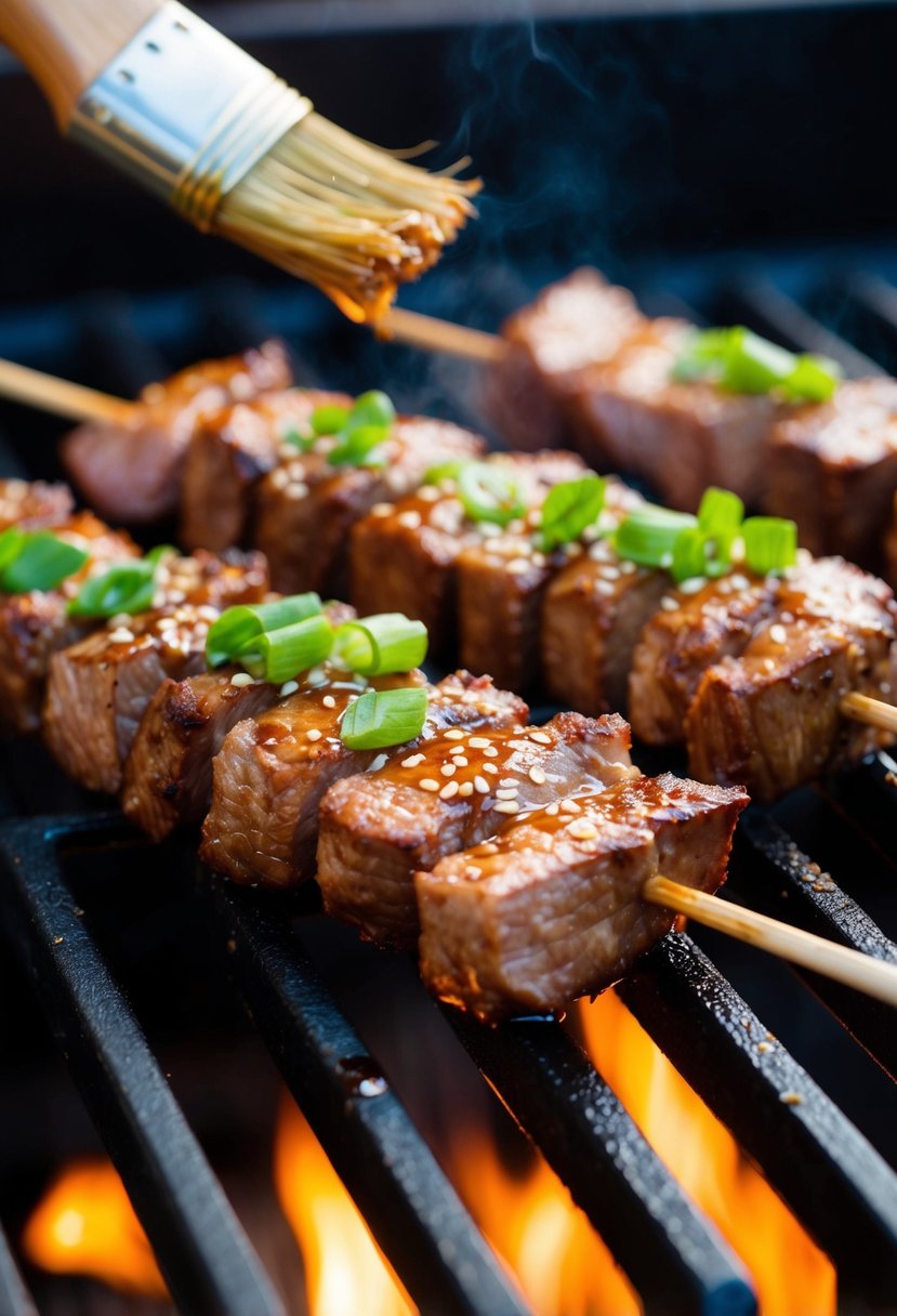 Skewers of marinated skirt steak sizzling on a hot grill, with a brush of teriyaki sauce and garnished with sesame seeds and green onions