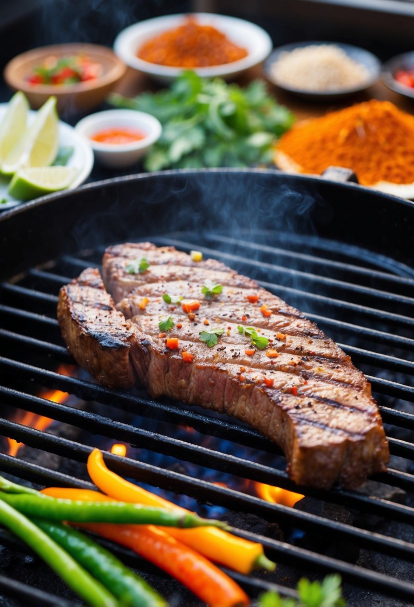 A sizzling skirt steak sizzling on a hot grill, surrounded by vibrant Szechuan spices and Asian-inspired ingredients