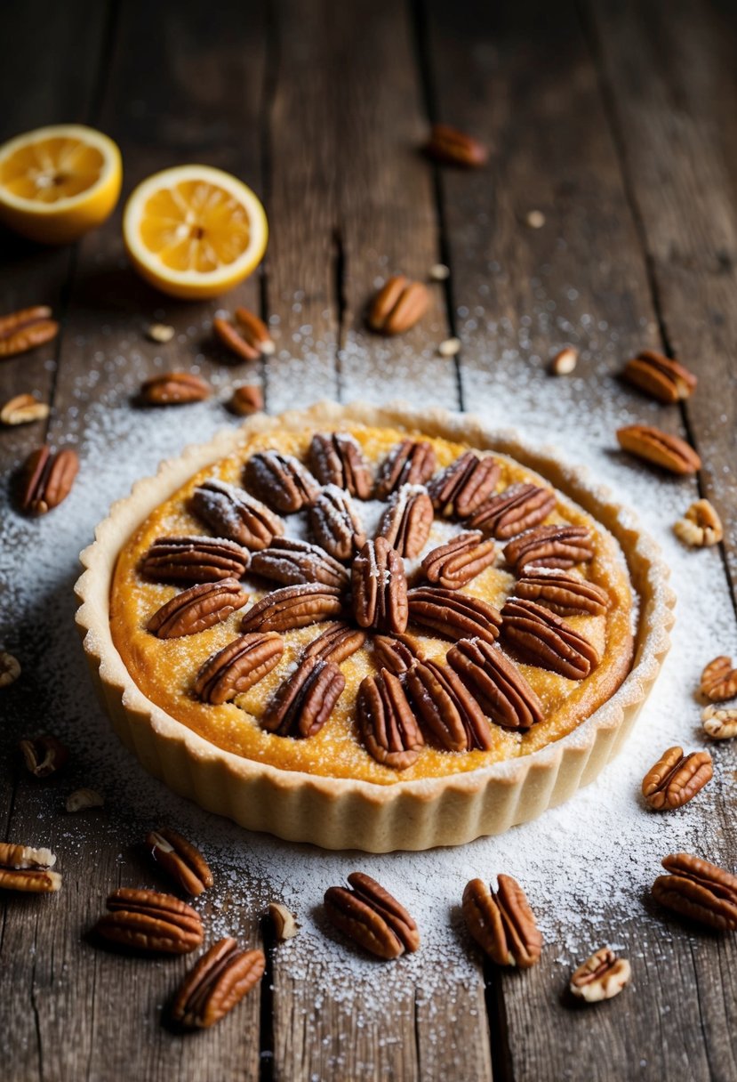 A golden pecan tart sits on a rustic wooden table, surrounded by scattered pecans and a dusting of powdered sugar