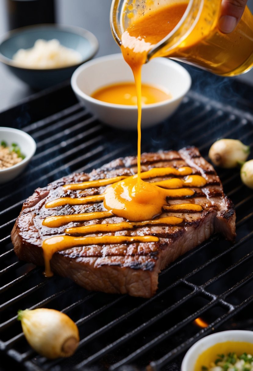 A sizzling skirt steak on a hot grill, drizzled with a tangy and savory ponzu sauce, surrounded by Asian-inspired ingredients and seasonings