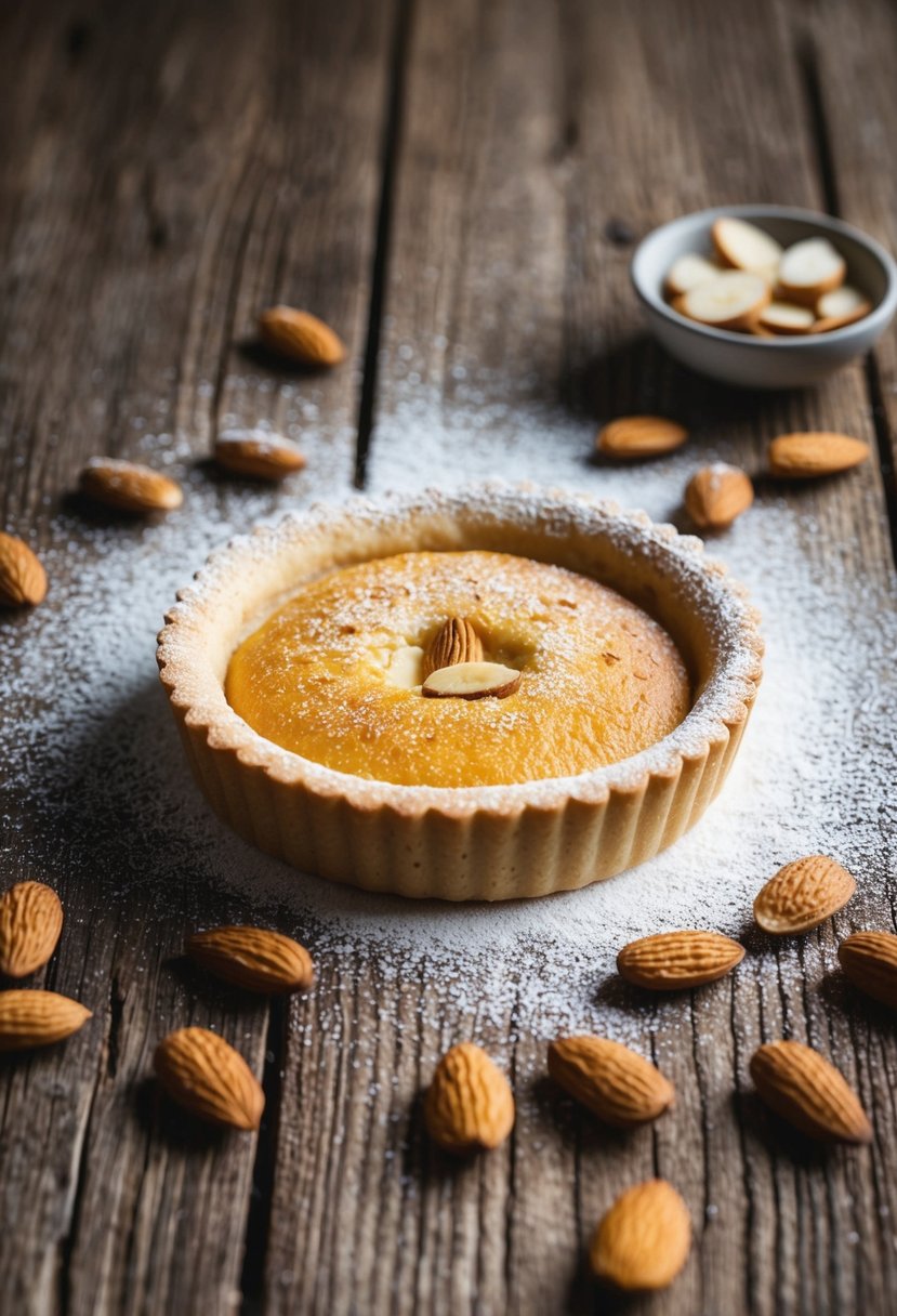 A golden almond tart sits on a rustic wooden table, surrounded by scattered almond slices and a dusting of powdered sugar