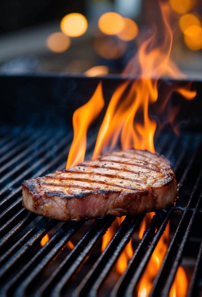 A flat iron steak sizzles on a hot grill, charring and releasing a mouthwatering aroma