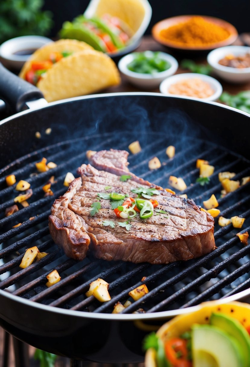 A sizzling skirt steak sizzling on a Korean BBQ grill, surrounded by Asian-inspired taco ingredients and spices