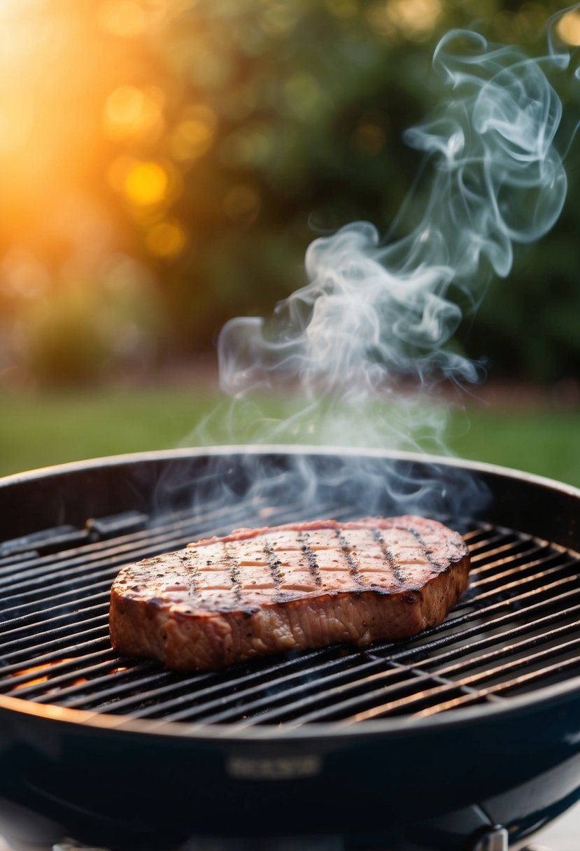 A sizzling flat iron steak grilling on a classic barbecue, with grill marks and smoke rising