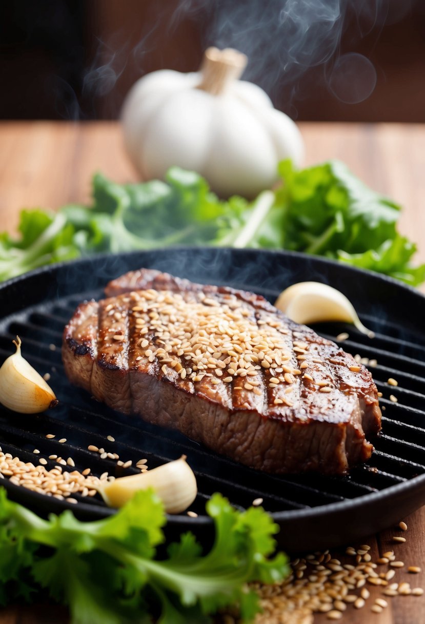 A sizzling skirt steak sizzling on a grill, surrounded by sesame seeds, garlic cloves, and Asian-inspired salad ingredients