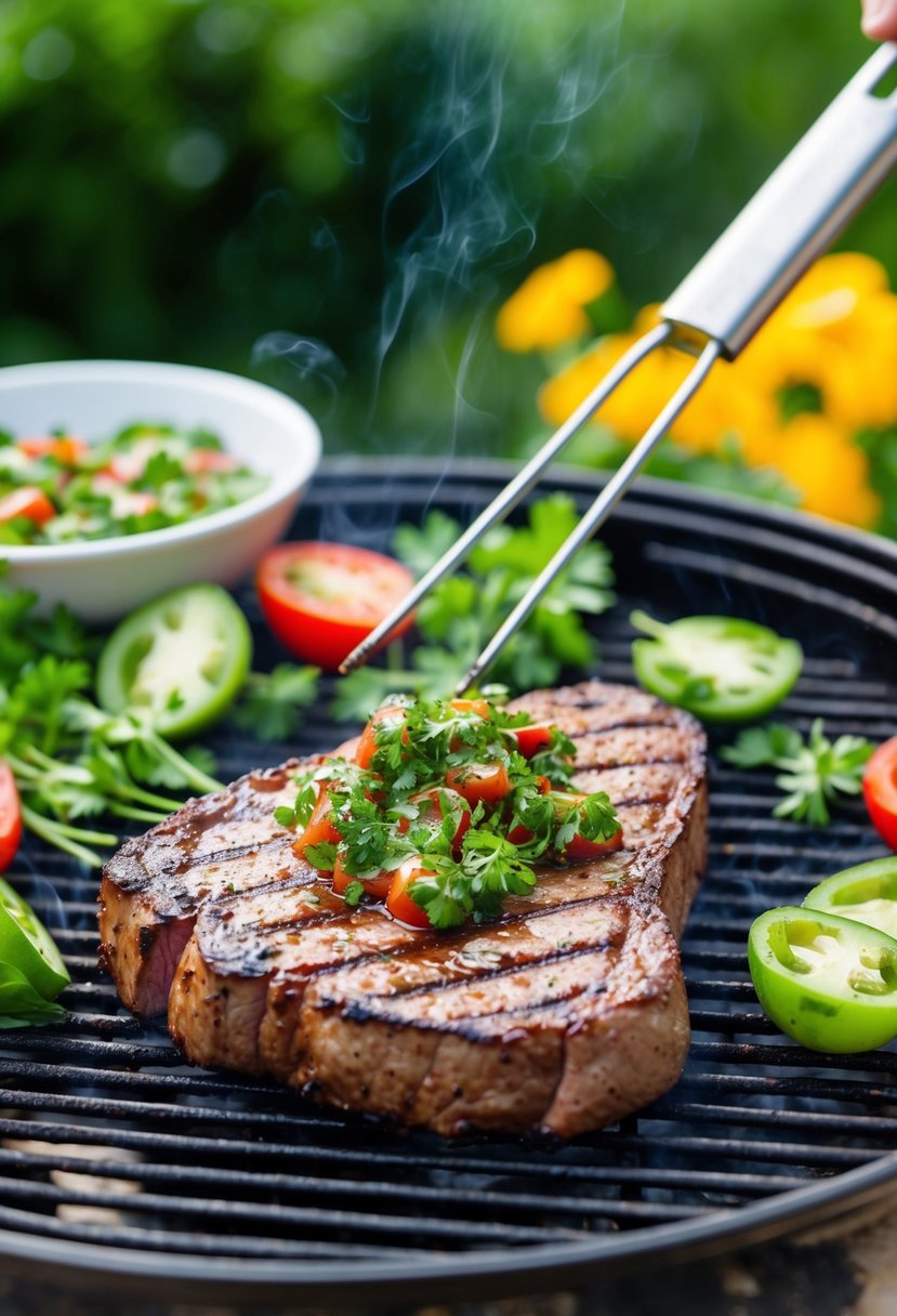 A sizzling flat iron steak grilling on the barbecue, topped with vibrant chimichurri sauce and surrounded by fresh herbs and vegetables