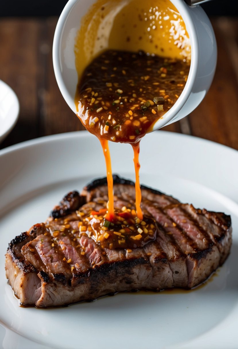 A flat iron steak is being marinated in an Asian-inspired sauce before being grilled to perfection