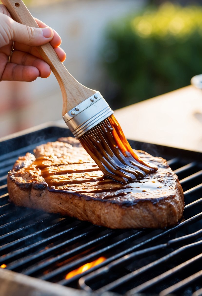 A sizzling flat iron steak on a grill, with balsamic glaze being brushed on, creating a glossy, caramelized coating