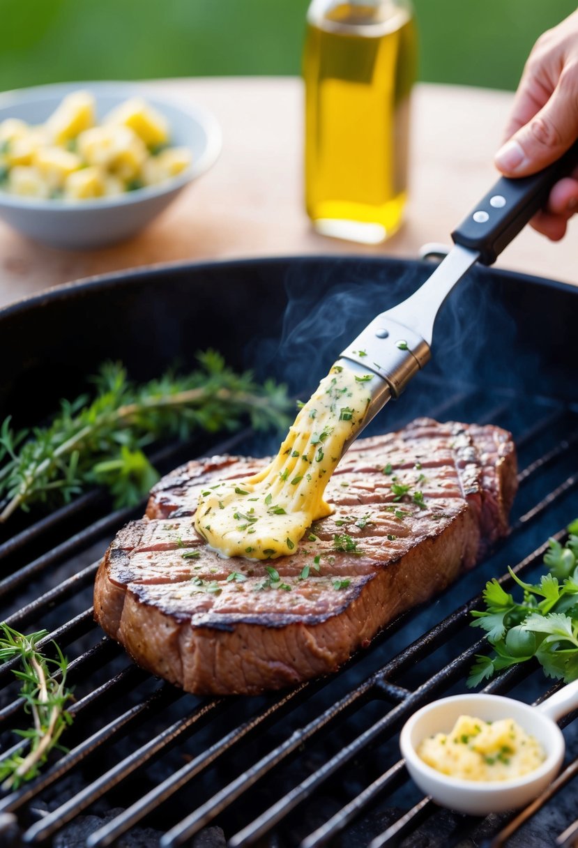 A sizzling flat iron steak grilling on a barbecue, brushed with garlic herb butter, surrounded by fresh herbs and spices