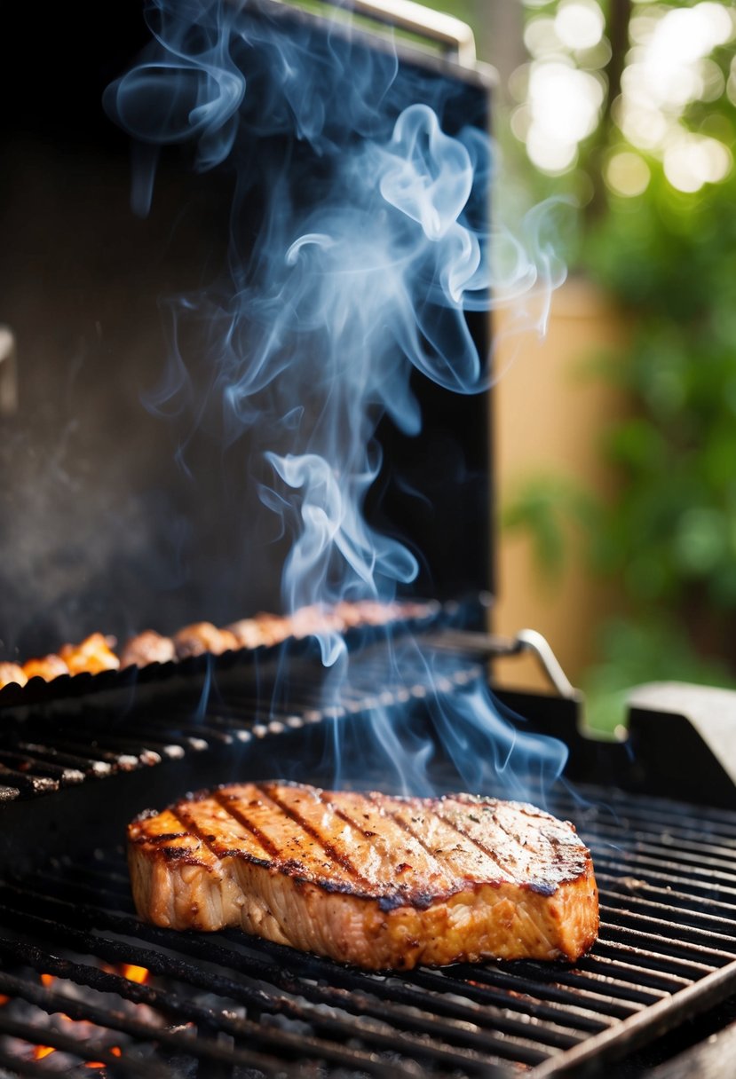 A sizzling Cajun flat iron steak grilling on a barbecue, emitting aromatic smoke and charred grill marks