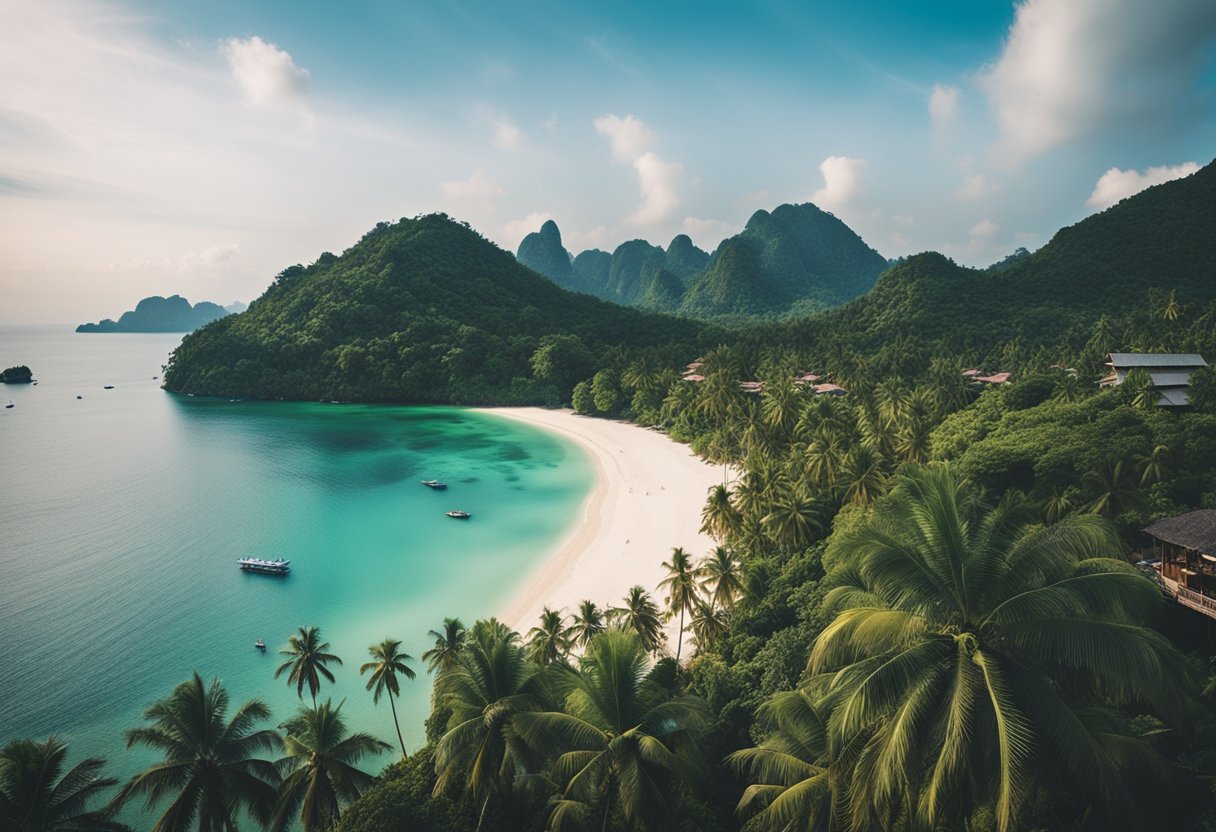 A serene beach in Indonesia with lush green palm trees and clear blue water, contrasting with the vibrant cityscape of Thailand with bustling street markets and ornate temples