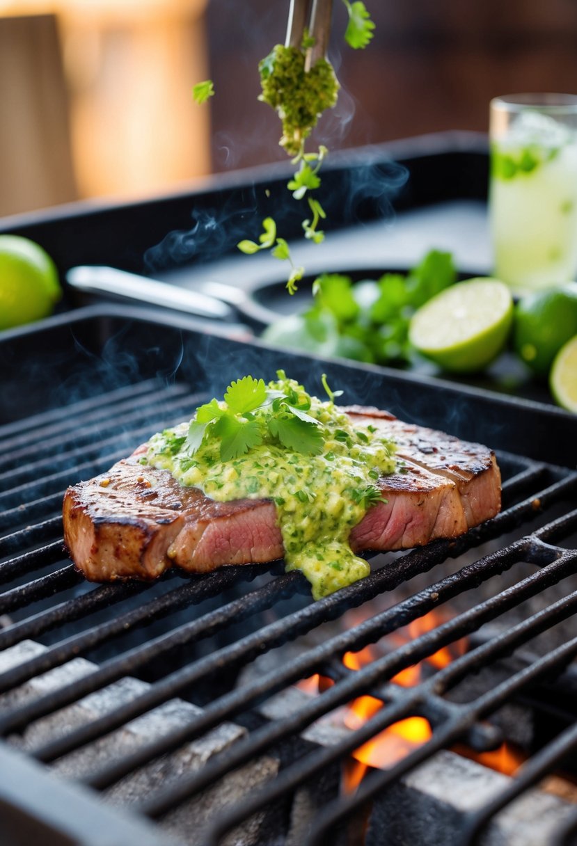 A sizzling flat iron steak is being grilled with a zesty lime and cilantro marinade, creating a mouthwatering aroma