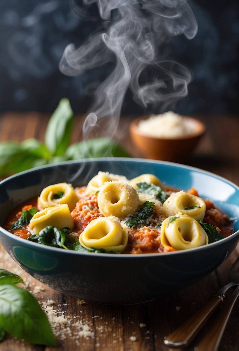 A steaming bowl of spinach and cheese tortellini in a rich tomato sauce, garnished with fresh basil and grated parmesan