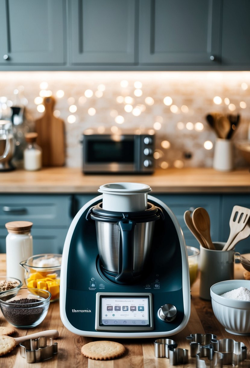 A kitchen counter with ingredients and a Thermomix machine, surrounded by baking utensils and cookie cutters