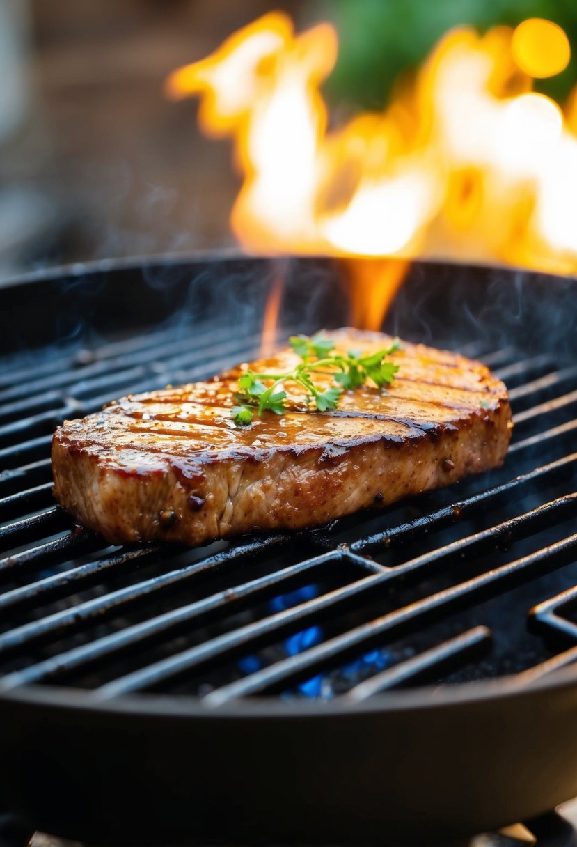 A juicy teriyaki flat iron steak sizzling on a hot grill