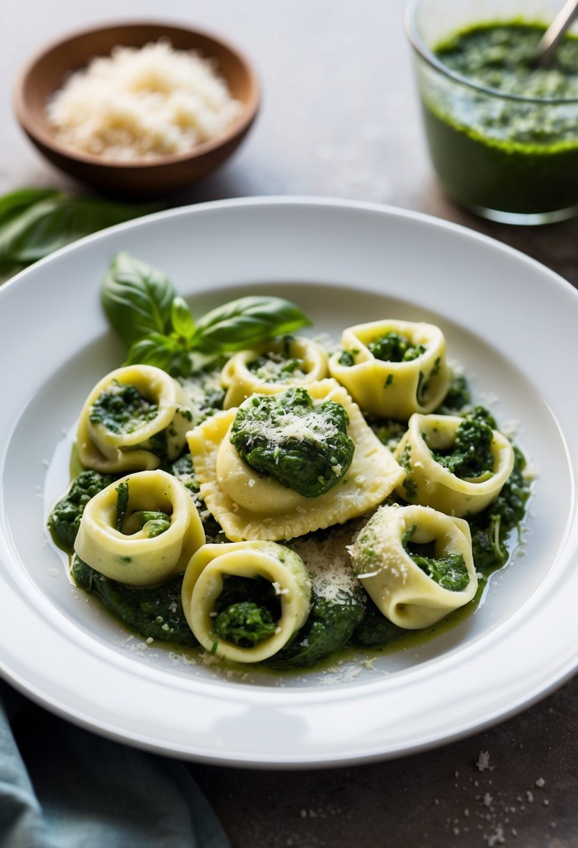 A steaming plate of spinach and ricotta tortellini with a dollop of basil pesto, garnished with fresh basil leaves and grated parmesan cheese