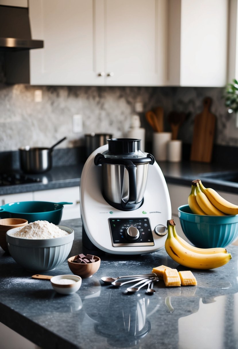 A countertop with ingredients (chocolate, bananas, flour) and a Thermomix machine surrounded by mixing bowls and measuring spoons