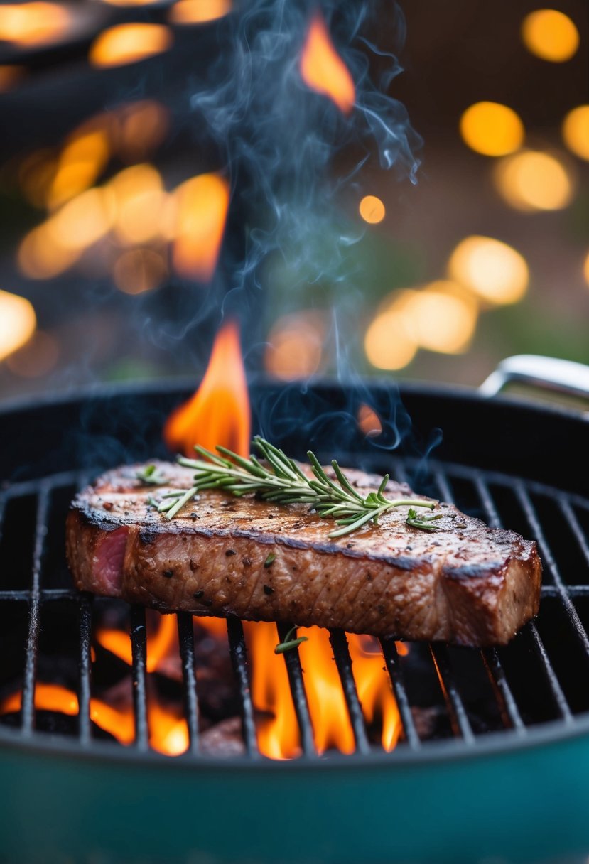 A sizzling flat iron steak, infused with rosemary, grilling on a hot barbecue