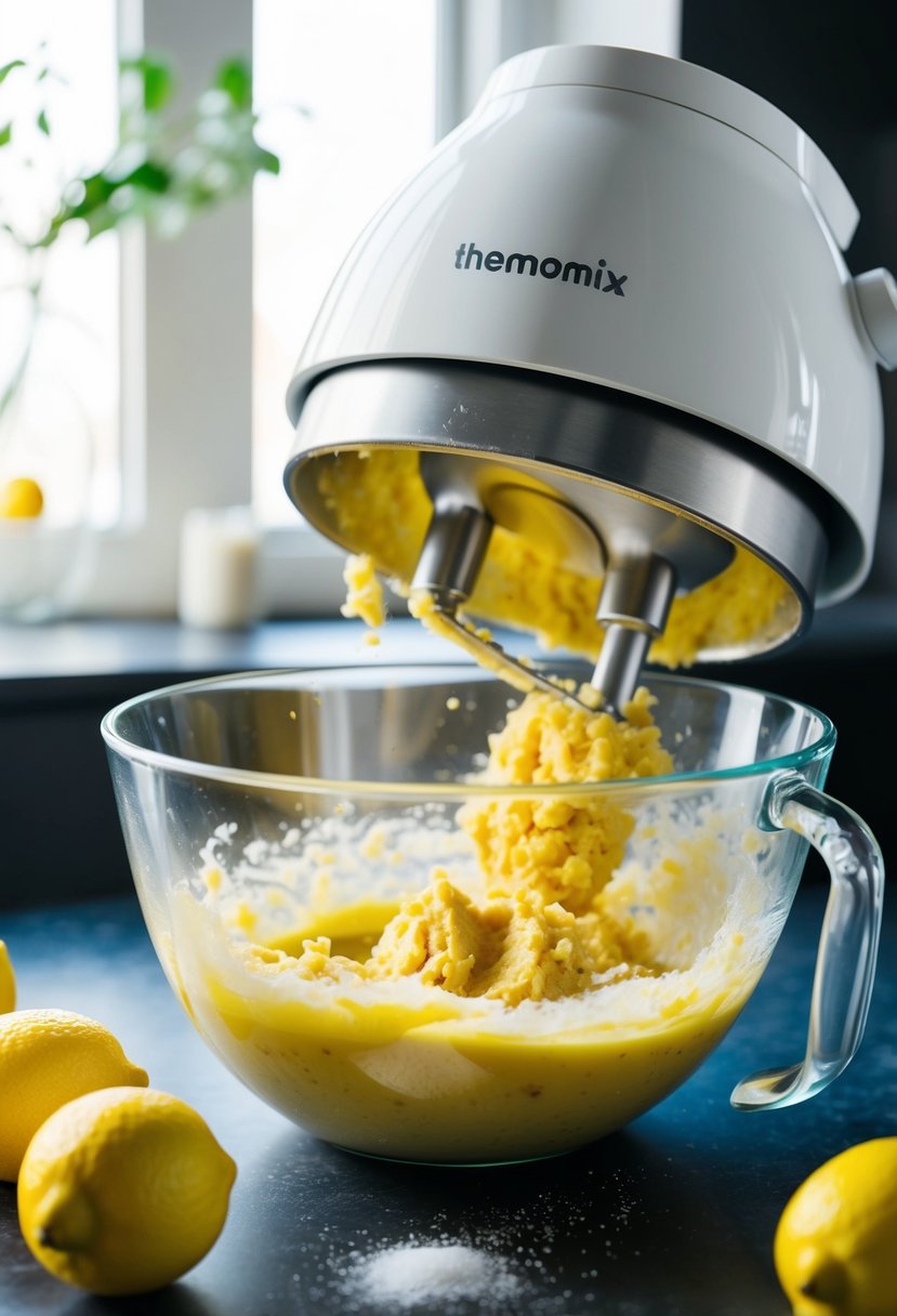 A bowl of zesty lemon cookie dough being mixed in a Thermomix. Lemons and sugar are scattered on the counter