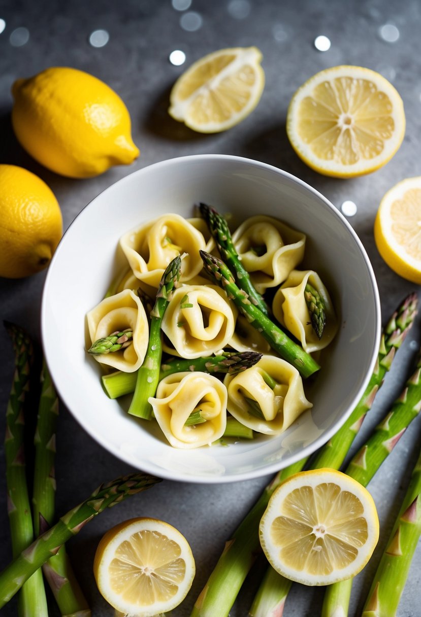 A bowl of lemon asparagus tortellini surrounded by fresh asparagus spears and lemons