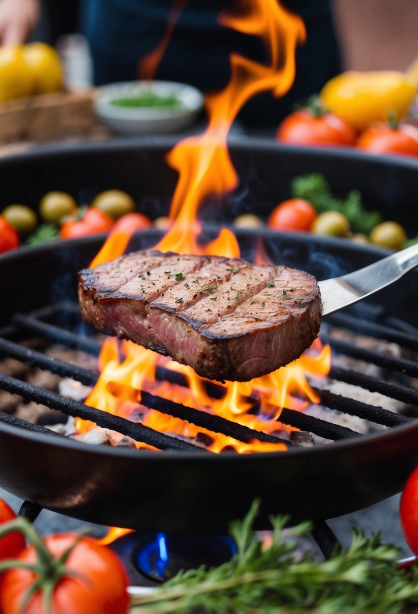 A sizzling flat iron steak is being grilled over an open flame, surrounded by colorful Mediterranean ingredients like tomatoes, olives, and herbs