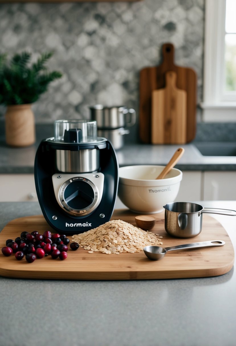 A countertop with ingredients - cranberries, oats, and a Thermomix. Mixing bowl, measuring cups, and a spoon are also present