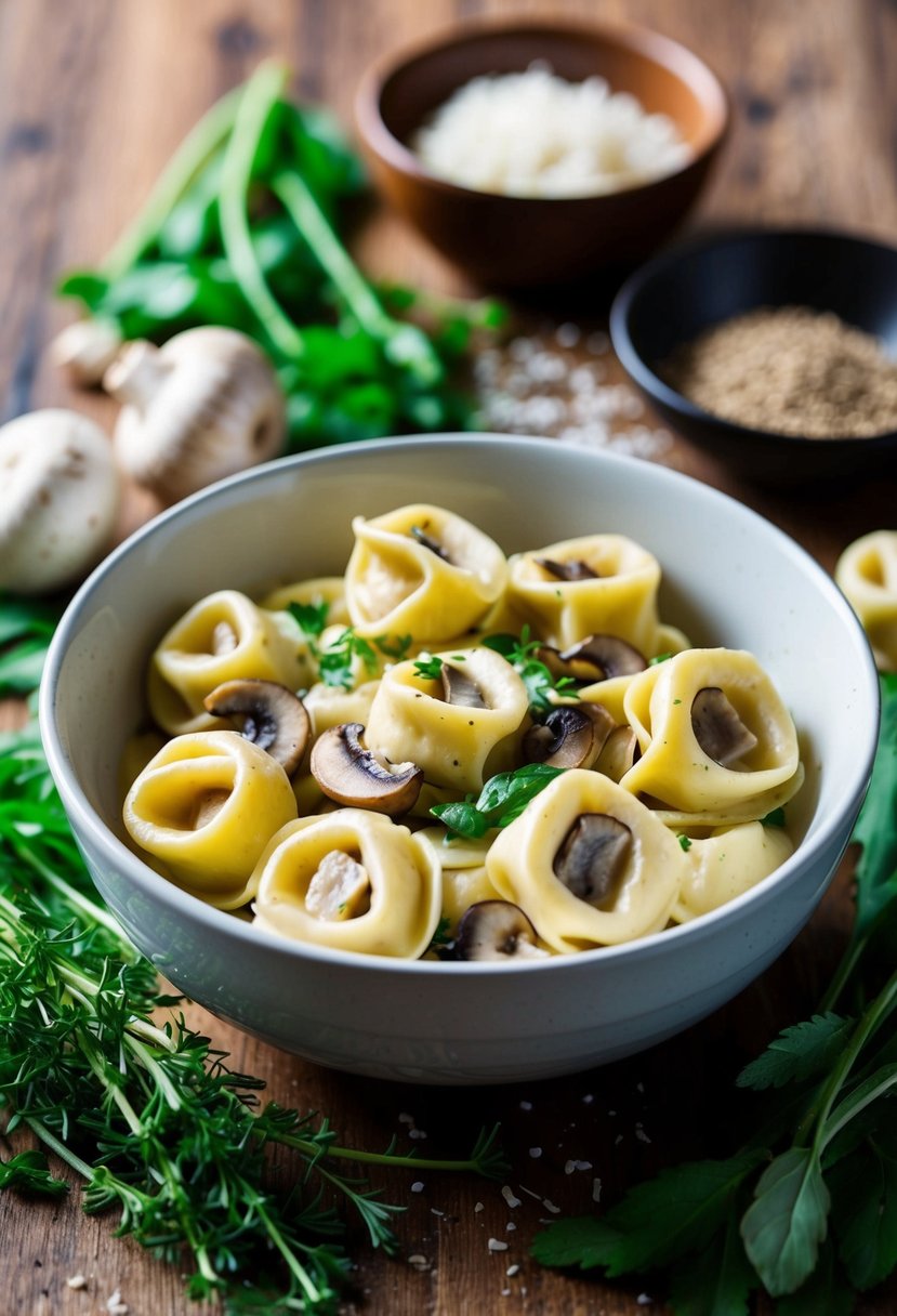 A bowl of creamy mushroom tortellini surrounded by fresh herbs and ingredients