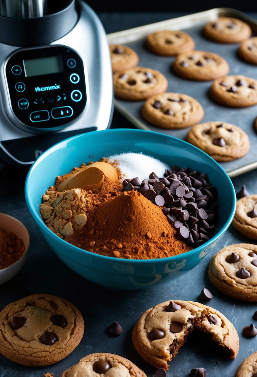 A mixing bowl filled with cocoa powder, chocolate chips, and other ingredients, surrounded by a Thermomix machine and a tray of freshly baked double chocolate chip cookies