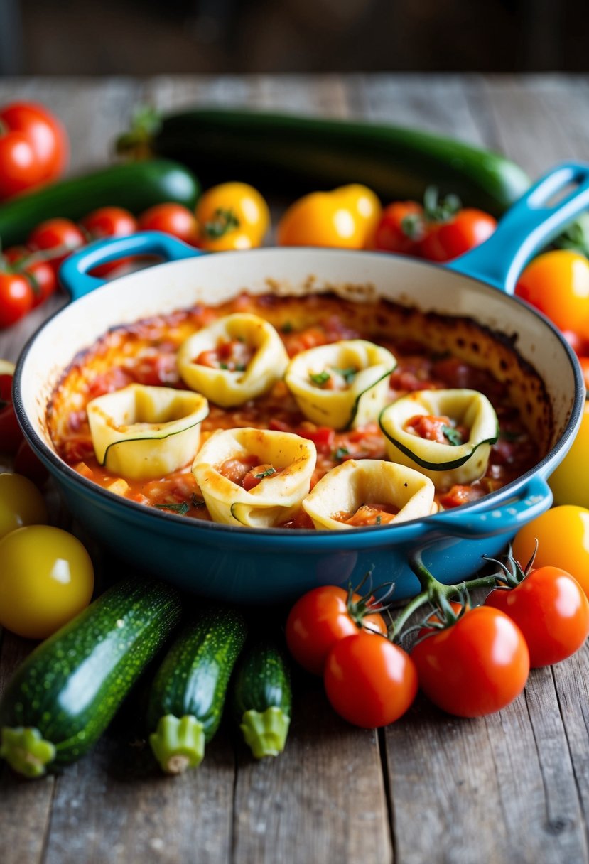 A colorful array of zucchinis and tomatoes surround a bubbling tortellini bake in a rustic ceramic dish