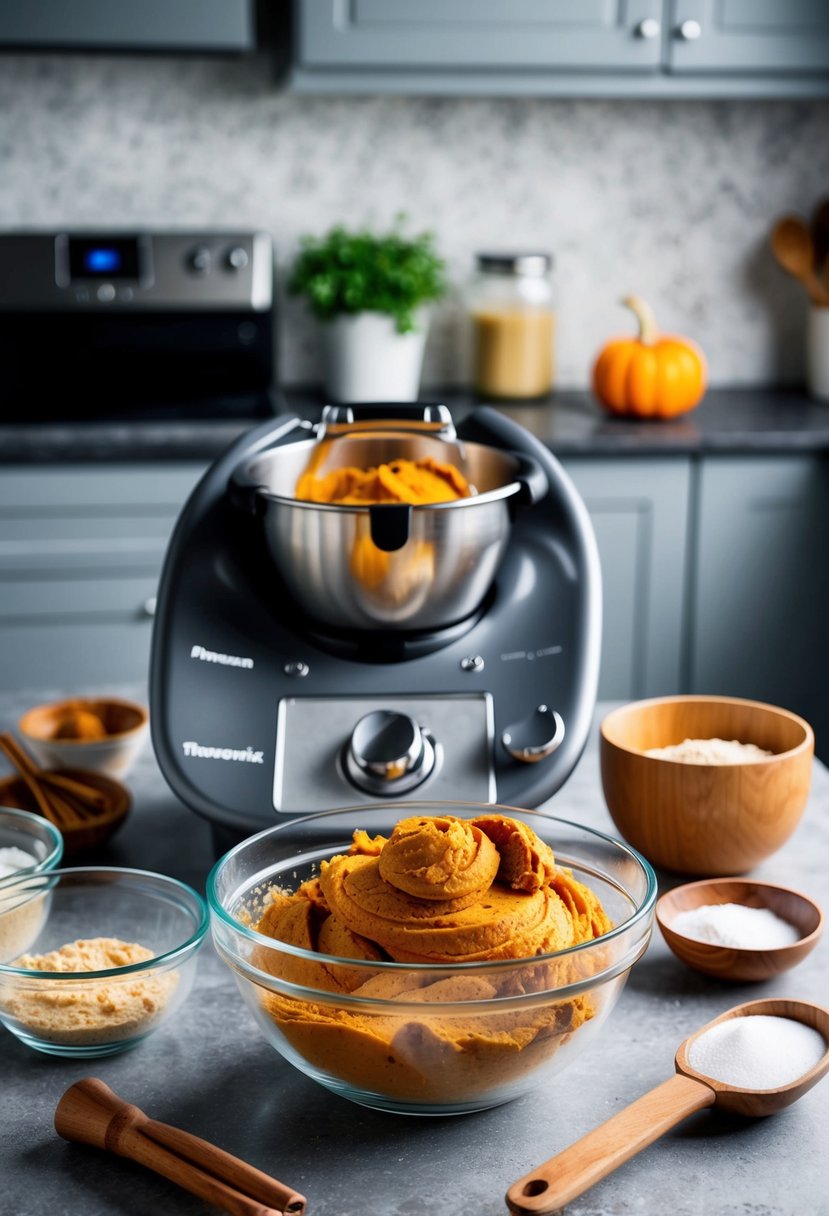 A kitchen counter with a mixing bowl filled with spiced pumpkin cookie dough, surrounded by ingredients and a Thermomix machine