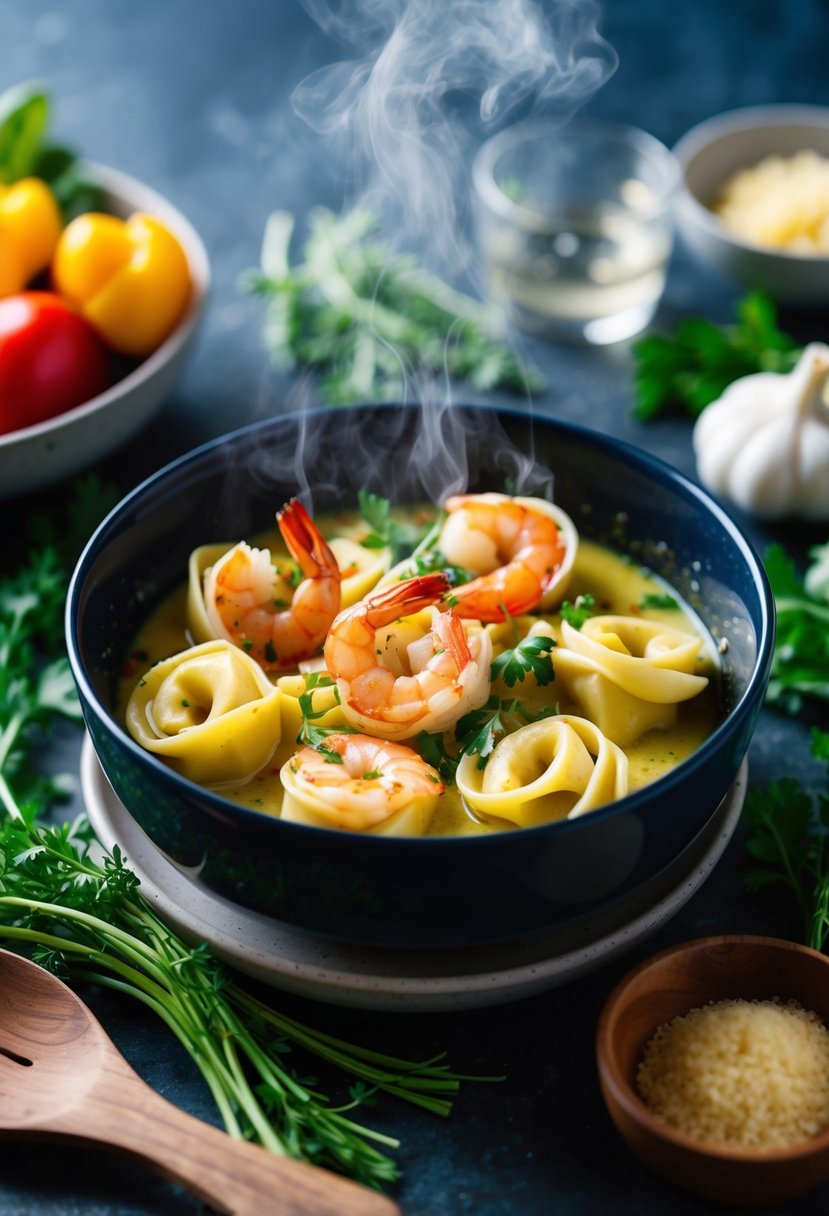 A steaming bowl of garlic butter tortellini with succulent shrimp, surrounded by fresh herbs and colorful vegetables