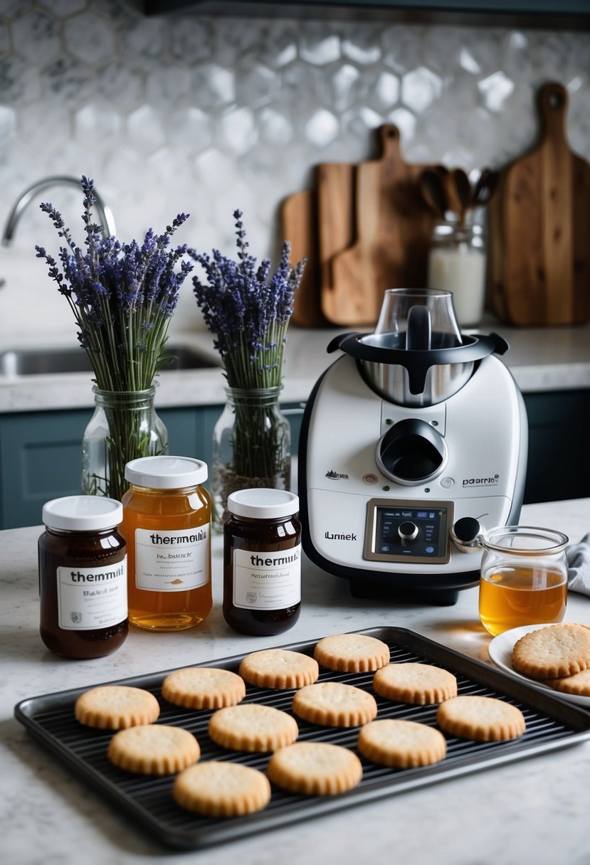 A kitchen counter with ingredients and a Thermomix, surrounded by jars of lavender and honey, with a tray of freshly baked shortbread cookies cooling nearby