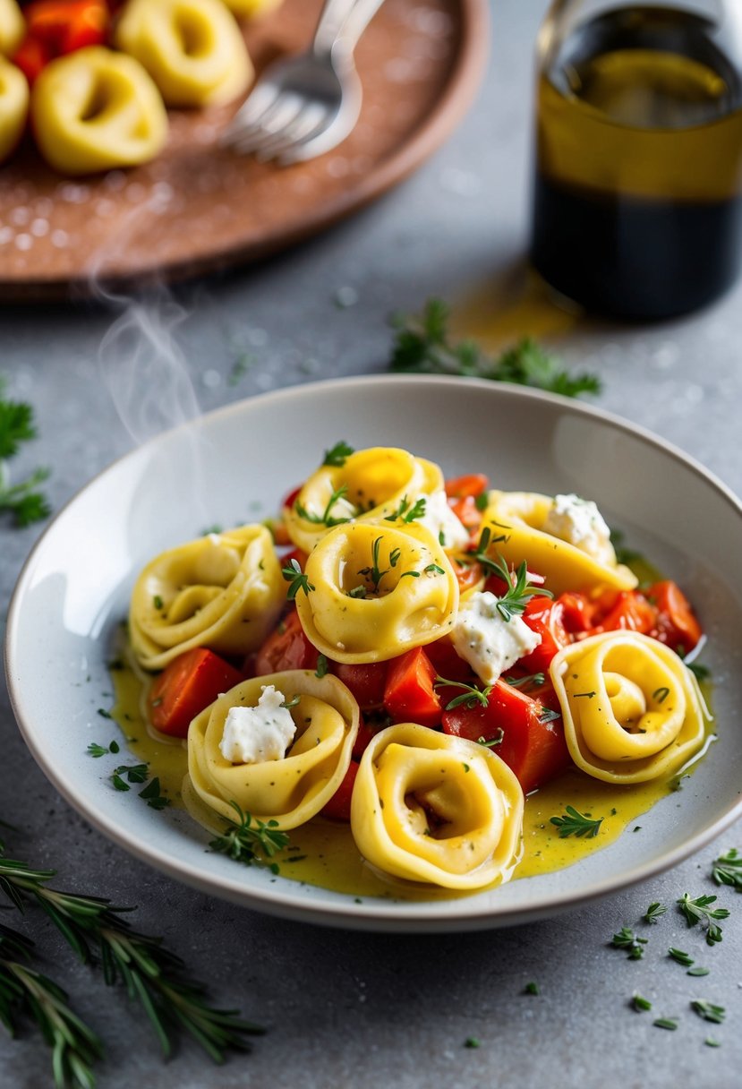 A steaming plate of tortellini with roasted red peppers and creamy goat cheese, garnished with fresh herbs and drizzled with olive oil