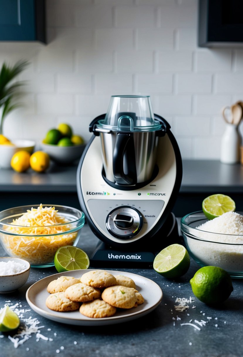 A kitchen counter with a Thermomix surrounded by ingredients like shredded coconut, limes, and cookie dough, with a plate of freshly baked Chewy Coconut Lime Wonders