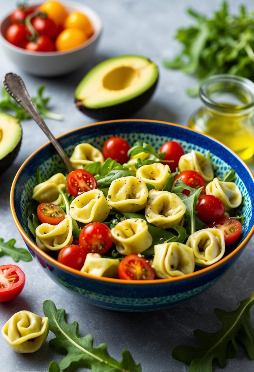 A colorful bowl of avocado tortellini salad surrounded by fresh ingredients like cherry tomatoes, arugula, and a drizzle of olive oil