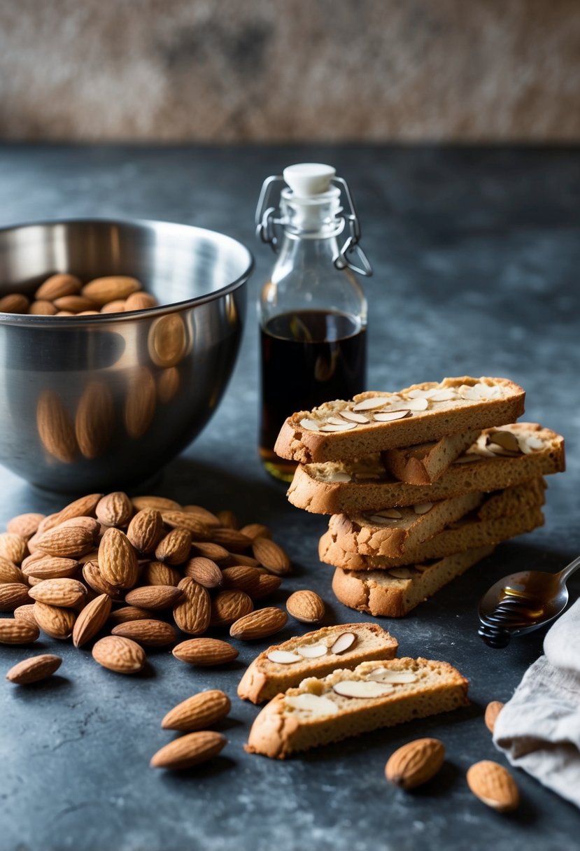 A rustic kitchen counter with a vintage mixing bowl, a pile of whole almonds, a jar of vanilla extract, and a stack of freshly baked almond biscotti