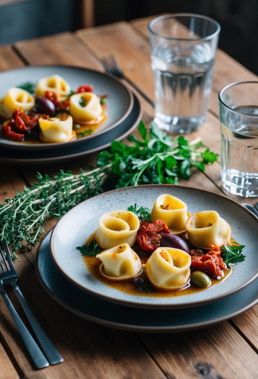 A wooden table set with a plate of tortellini, sundried tomatoes, and olives, surrounded by fresh herbs and a glass of water