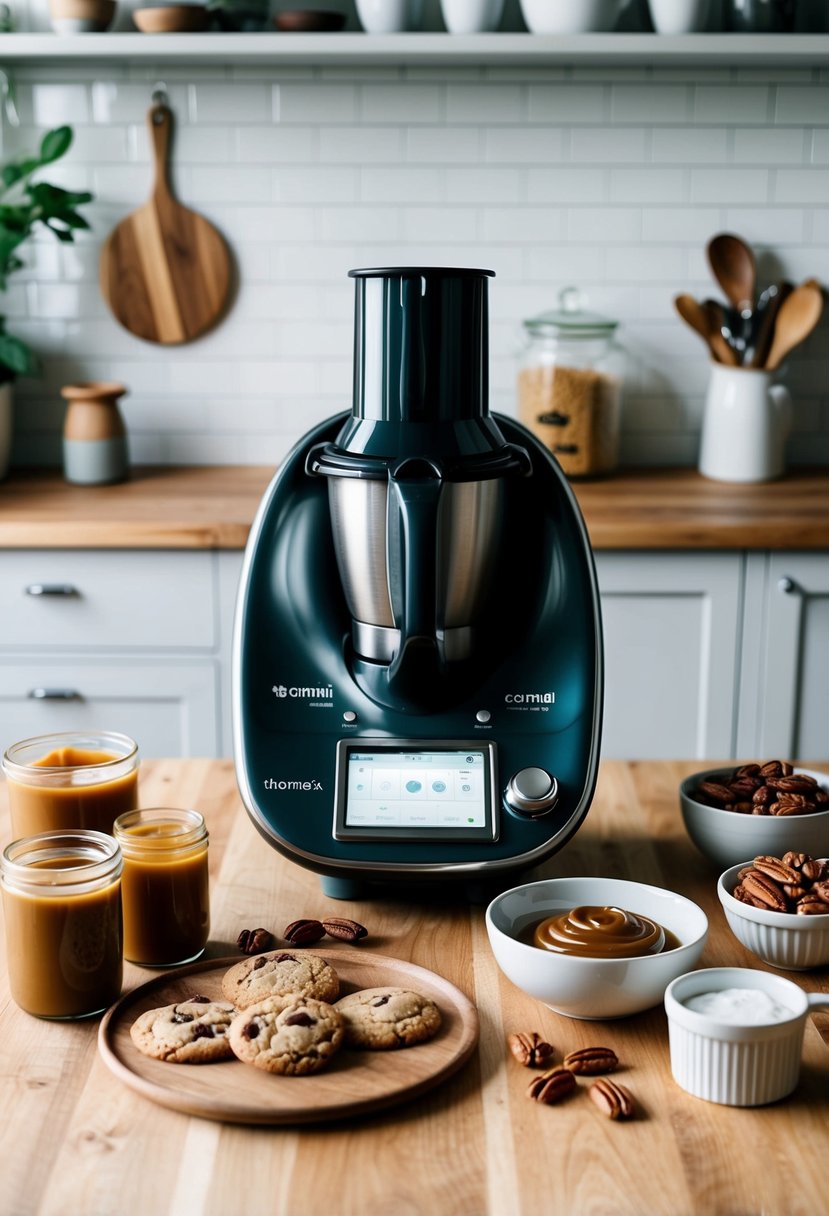 A kitchen counter with a Thermomix machine surrounded by ingredients like caramel, pecans, and cookie dough, ready to make Caramel Pecan Paradise Cookies