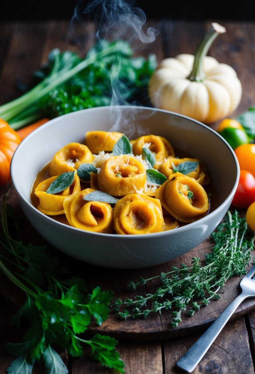 A steaming bowl of pumpkin sage tortellini surrounded by fresh herbs and colorful vegetables on a rustic wooden table