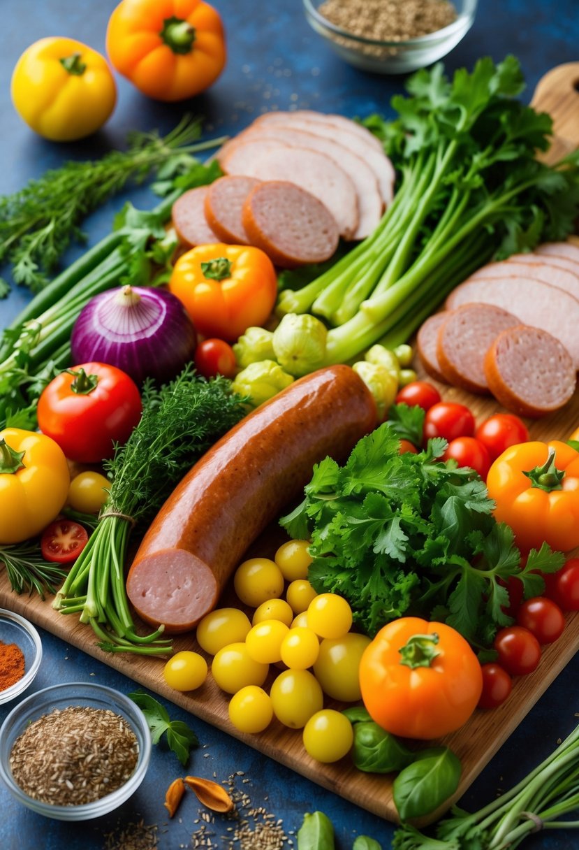 A colorful array of fresh vegetables and turkey smoked sausage arranged on a cutting board, surrounded by various herbs and spices