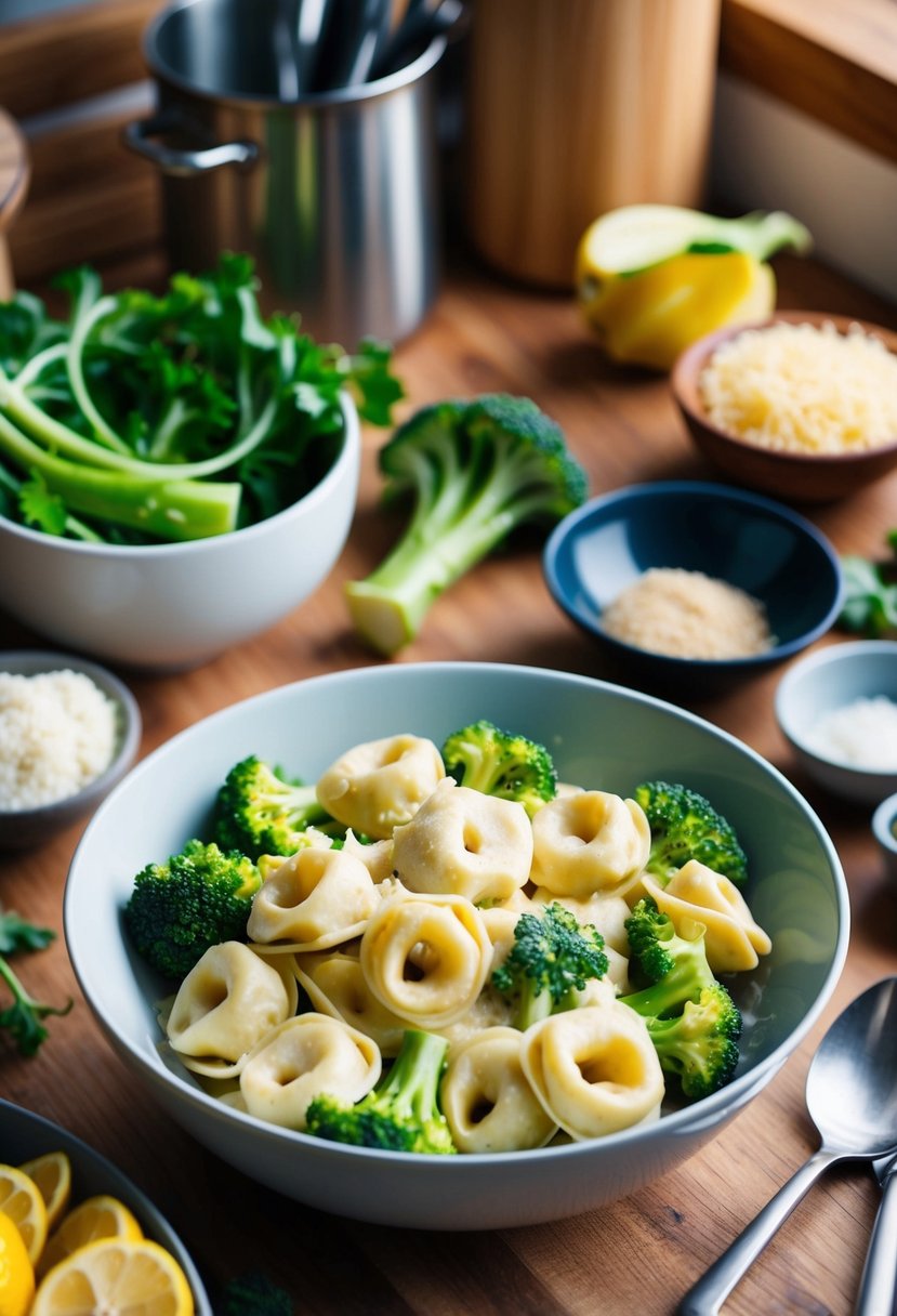 A bowl of broccoli and Alfredo tortellini surrounded by fresh ingredients and cooking utensils on a wooden kitchen counter