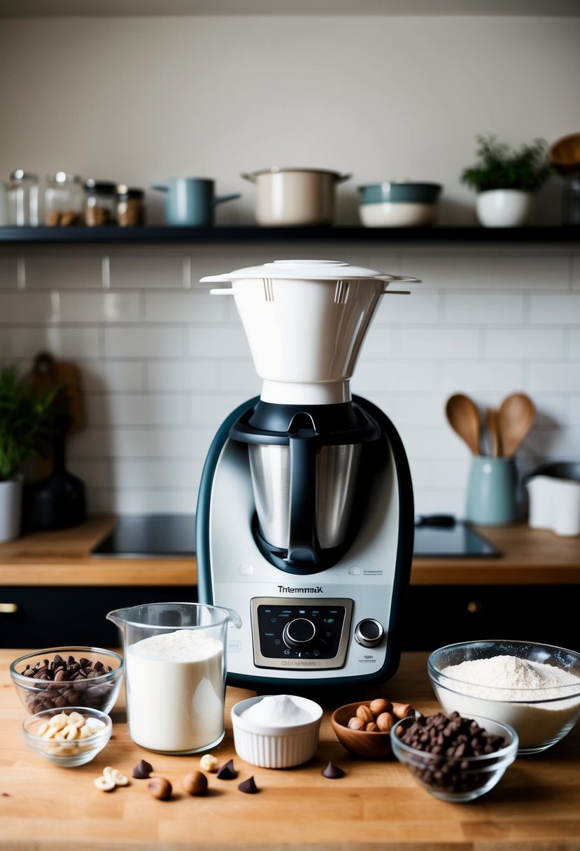 A kitchen counter with a Thermomix machine surrounded by ingredients such as flour, sugar, hazelnuts, and chocolate chips