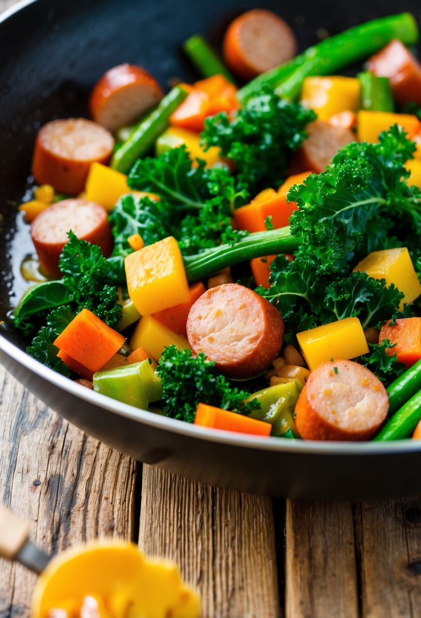 A sizzling skillet with colorful vegetables, chunks of turkey smoked sausage, and vibrant kale being stir-fried together in a healthy and flavorful dish