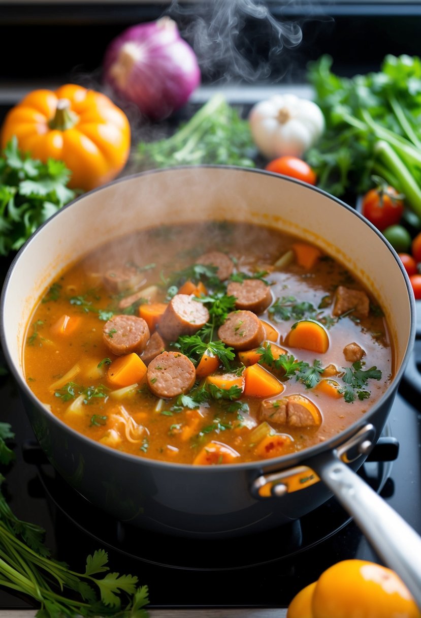 A steaming pot of spicy turkey sausage soup simmering on a stovetop, surrounded by fresh vegetables and herbs