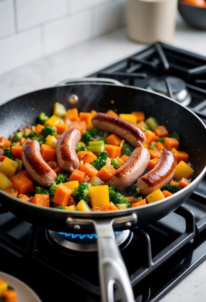 A sizzling skillet filled with colorful vegetables and turkey sausage cooking on a stovetop