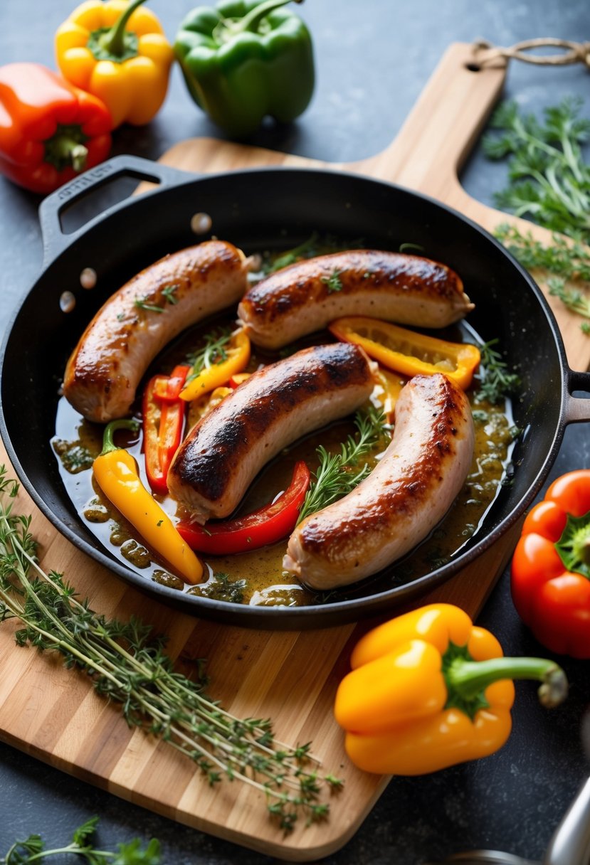 A sizzling skillet of roasted turkey sausage, colorful peppers, and aromatic herbs on a wooden cutting board