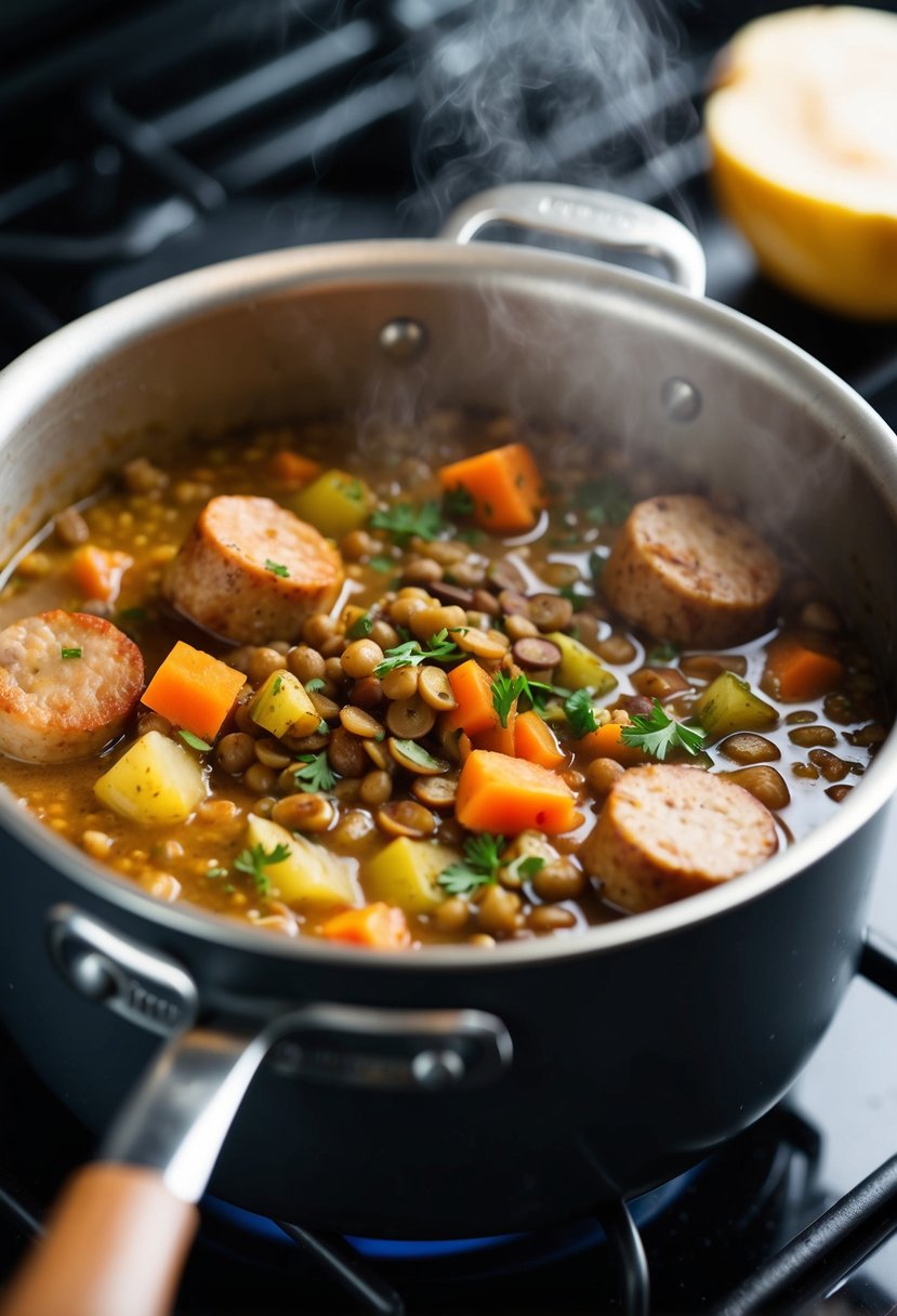 A steaming pot of turkey sausage and lentil stew simmering on a stovetop. Chunky vegetables and savory herbs add depth to the hearty, healthy dish